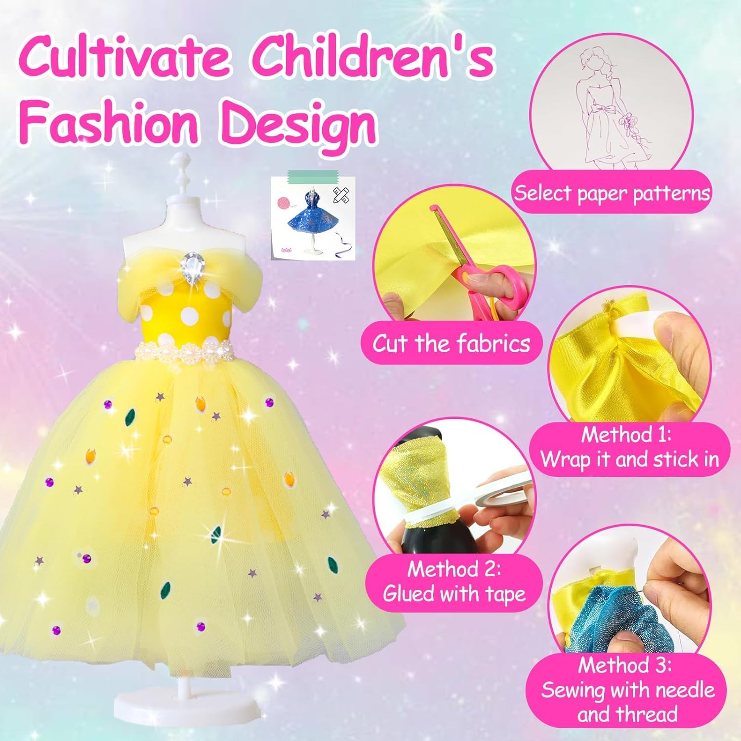 500+Pcs Fashion Designer Kit for Girls, Sewing Kit Arts and Crafts Set for Kids Ages 6-12 with 4 Mannequins & Instruction DIY Doll Clothes Making Learn to Sew Toys for Girls Birthday Gift image number 5