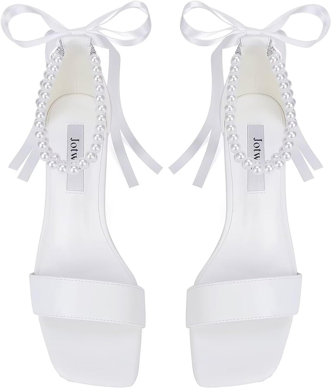 Jotwry Block Heel Wedding Shoes for Bride Pearl Heels Wedding Sandals Square Open Toe Bridal Shoes image number 1