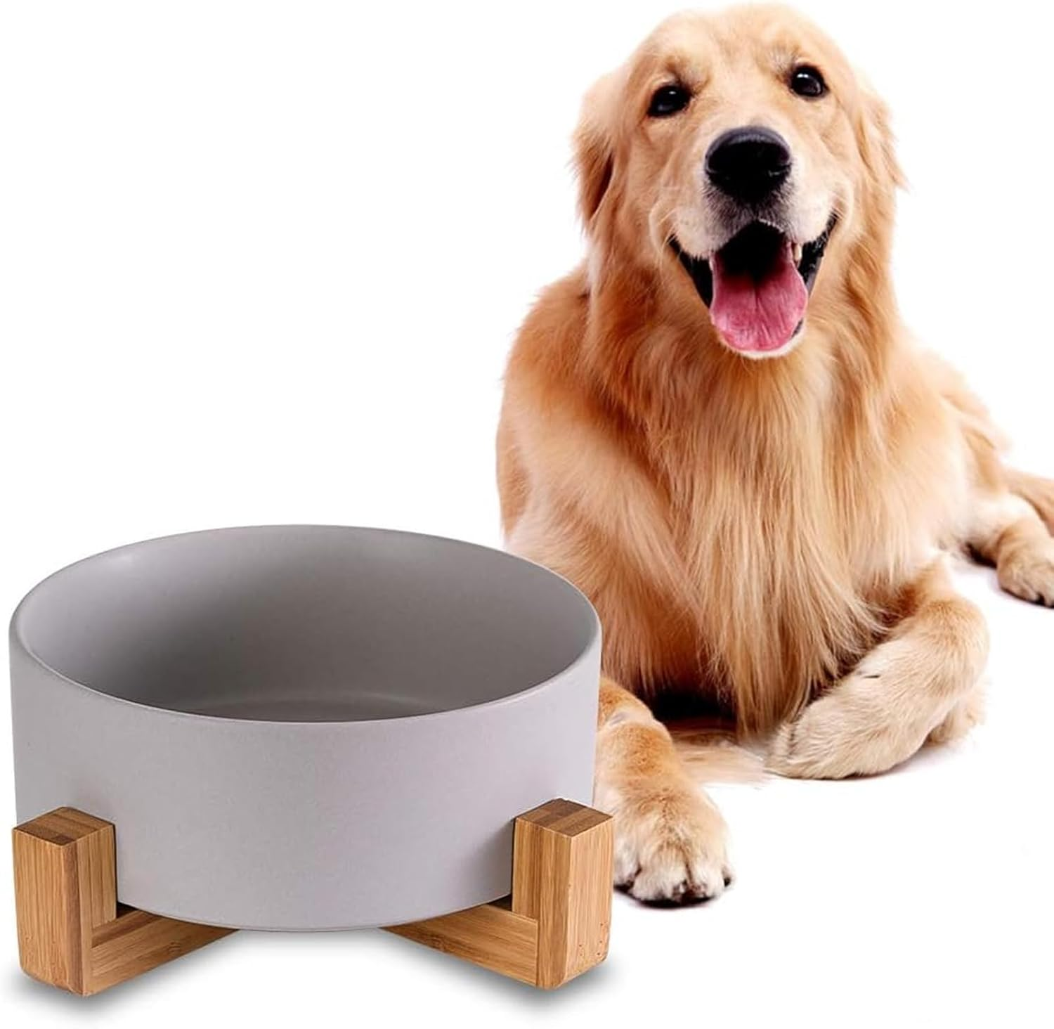 Ceramic Dog Bowls with Non Slip Wood Stand, PRENDIEEN Dog Water Bowls and Food Dish, Heavy No Tip over Dog Comfort Food Bowls, Extra High Capacity 8.4In(21Cm) Diameter, for Large Dogs (Grey) image number 6