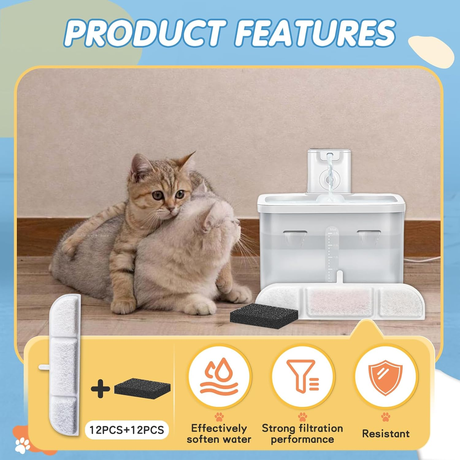 HAVANSIDY 12Packs Replacement Filters Compatible with Downy Paws Cat Water Fountain - Triple Filtration Filters for Downypaws 84Oz/2.5L Wireless Pet Fountain DPWFP6 (12 Filters & 12 Sponges) image number 5