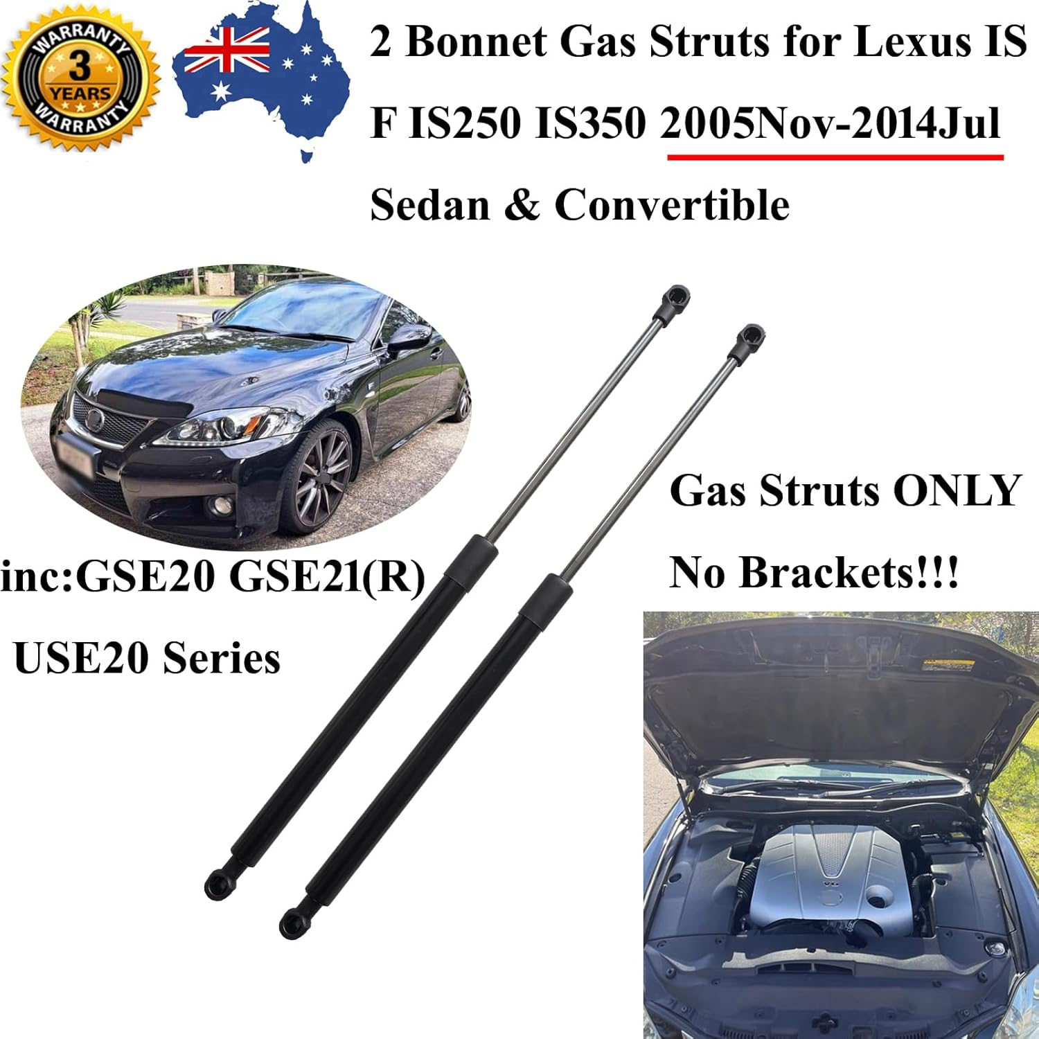 2 Front Bonnet Hood Gas Struts for Lexus Is 2005-2015 F Base IS250 IS250C IS300 IS350 GSE20R GSE21R USE20 Sedan Convertible Lift Supports Springs image number 3