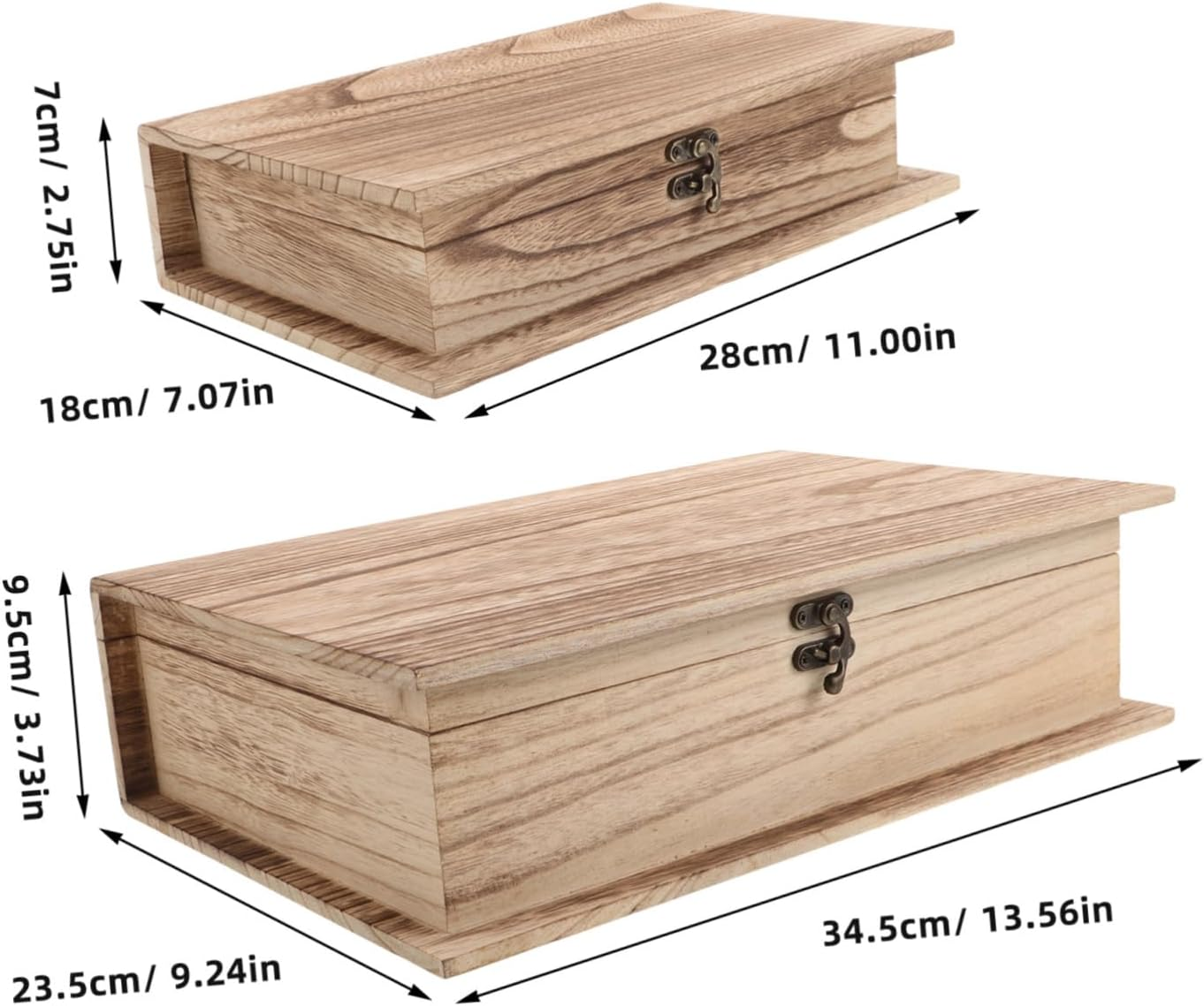 2Pcs Classic Book Shape Wood Trinket Case Lock Large Jewelry Box for Cards Storage Natural Wood Decor image number 2