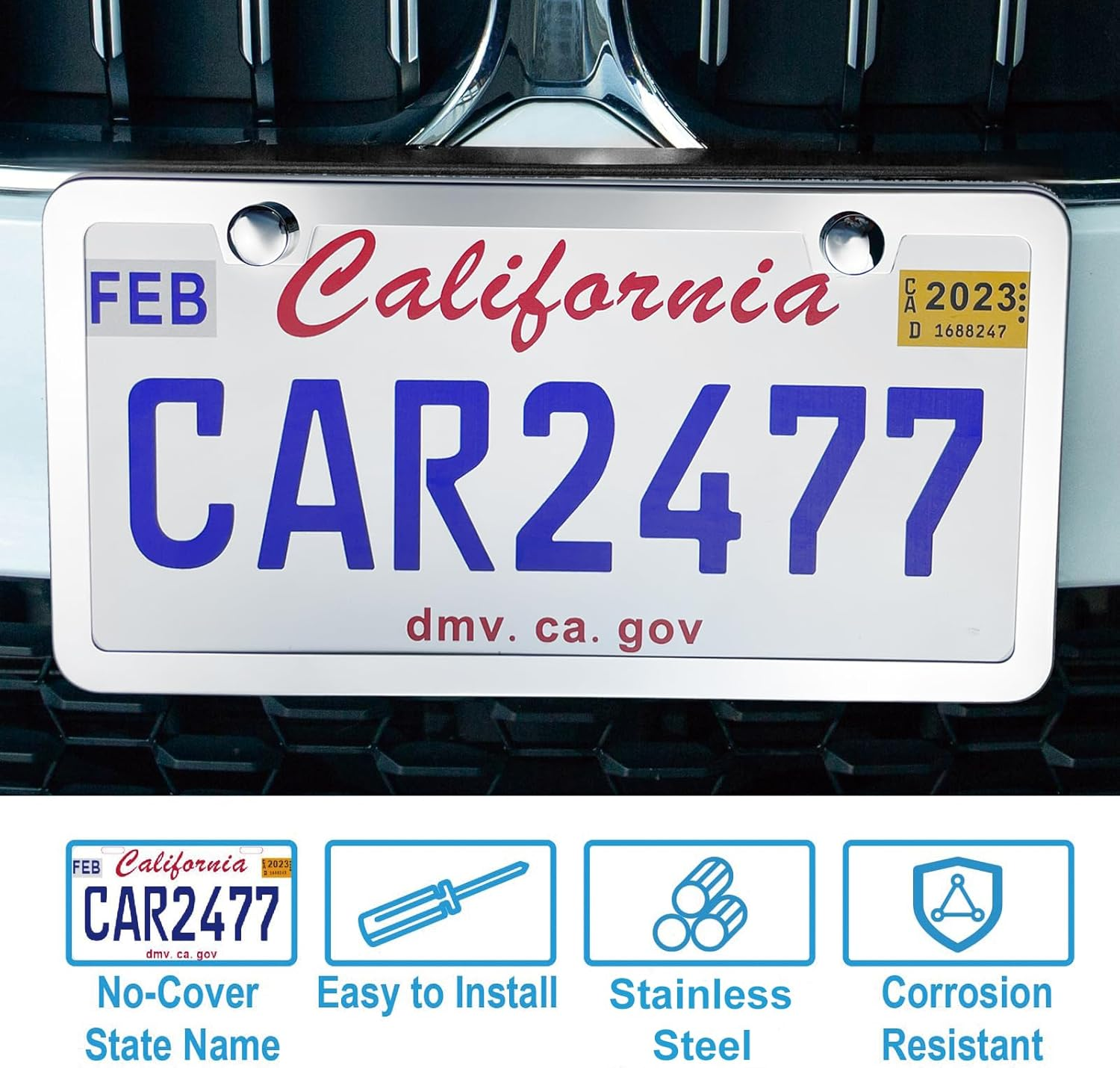 Solid Silver License Plate Frames 2 Pack, 2 Holes Rust-Proof License Plate Holder, Universal Car Stainless Steel License Plate Frame for Women & Man (Screws & Chrome Caps) by Lengnoyp image number 5