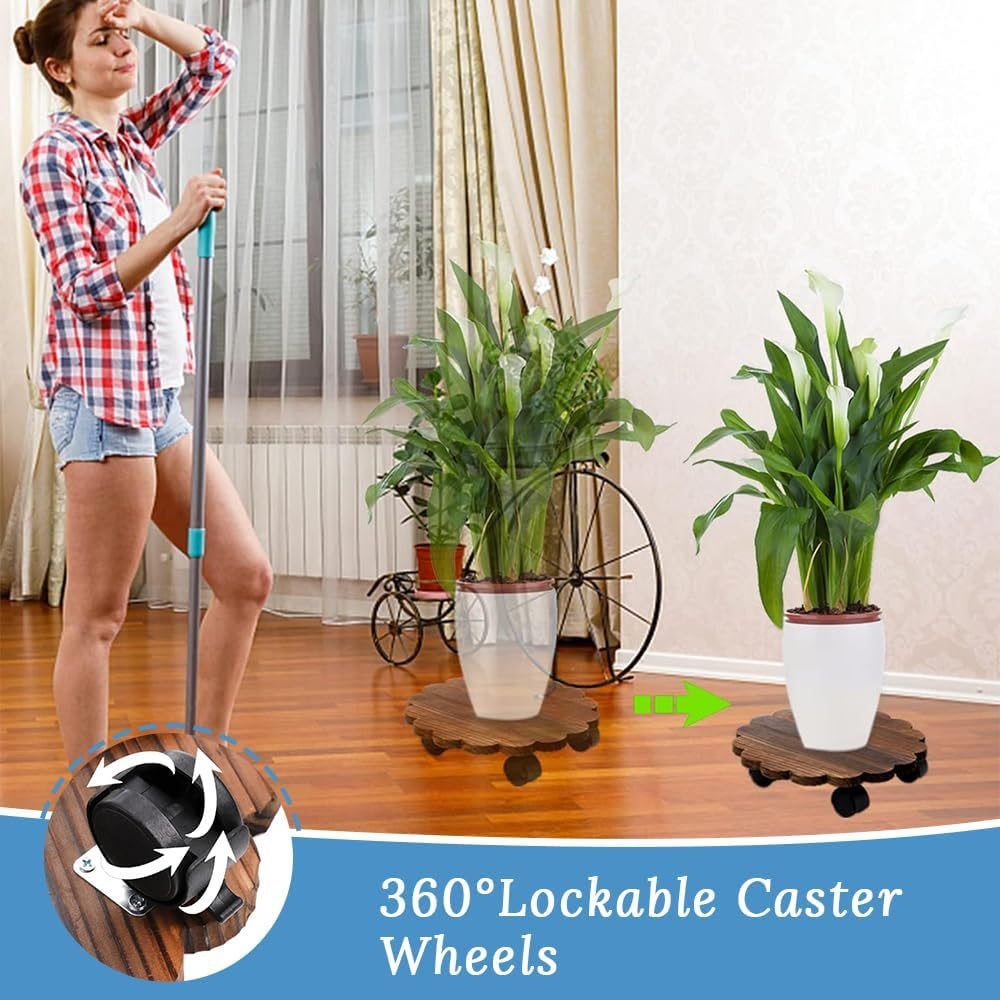 GUDAJIN 2 Pack Plant Cart, Wooden round Plant Cart, Rolling Plant Stand with 360&deg; Lockable Casters, Wooden Plant Pot Mobile Tray Base for Large Pots, Planters, Patio, Indoor Outdoor