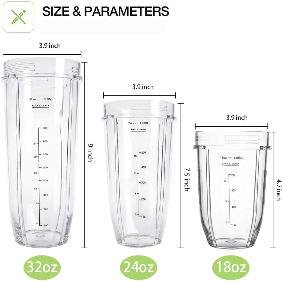 Replacement Blender Cup 32Oz with Sip & Seal Lid for Nutri Ninja BL450 BL456 BL480 BL482 BL640 BL642 BL682 BN401 BN751 BN801 Foodi SS101 SS151 SS351 SS401 SS400 Ninja Auto IQ Blade, 2-Pack (32OZ)