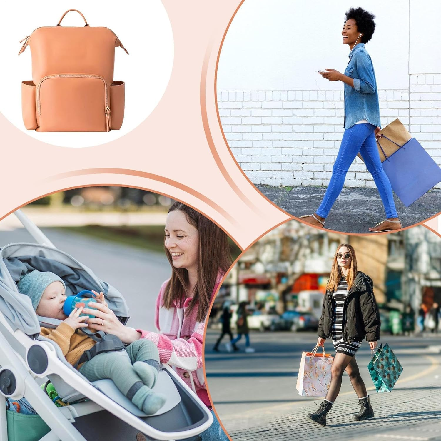 Diaper Bag Leather | Travel Baby Bag | PU Leather Diaper Backpack Waterproof Reinforced Zippers Pockets Organizer for Laptop for Mom image number 2