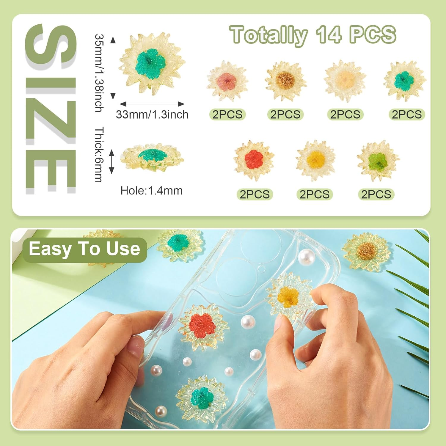 Crafans Sunflower Cabochons Resin Translucent Colorful Sunflower Daisy Cabochons Flat Flowers Embellishments for DIY Jewelry Making Scrapbooking 14Pcs - 7 Colors: Sunflower image number 3