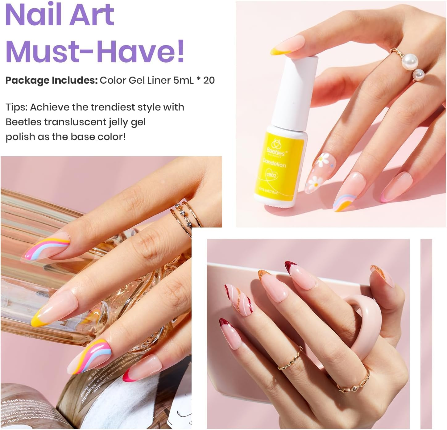 Beetles Gel Polish Gel Polish Nail Art Gel Liner Nail Polish Set 20 Colors Reflective Glitter Gel Polish Pink White Blue Brown Gel Nail Polish Soak off UV Gel Built Thin Nail Brush in Bottle Women image number 4