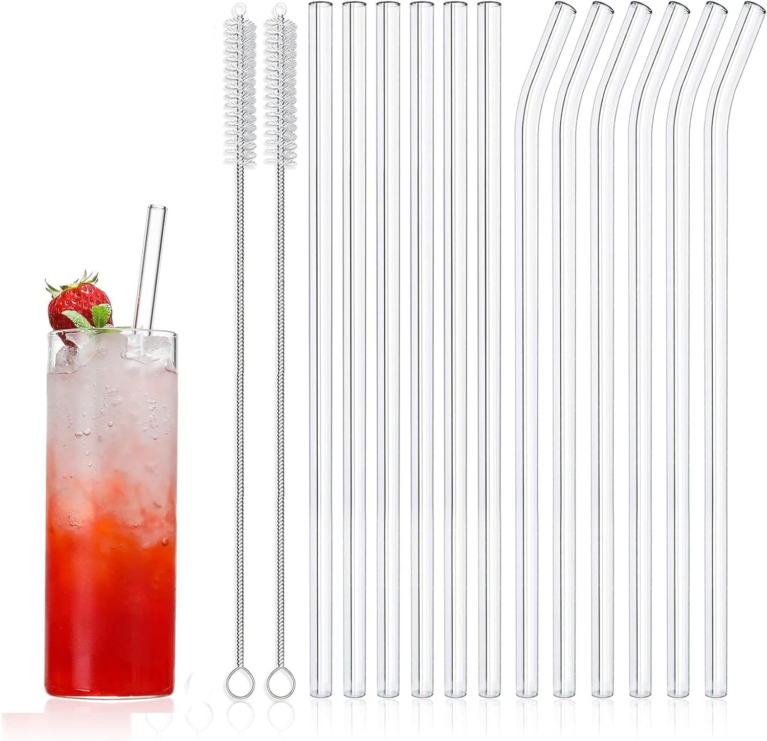 WADY 14 Pcs Borosilicate Glass Straws Set - 7" X8Mm (6 Straight & 6 Bent) with 2 Brushes, Reusable Drinking Straws for Juice/Coffee/Cocktails, Heat-Resistant & Eco Friendly image number 1