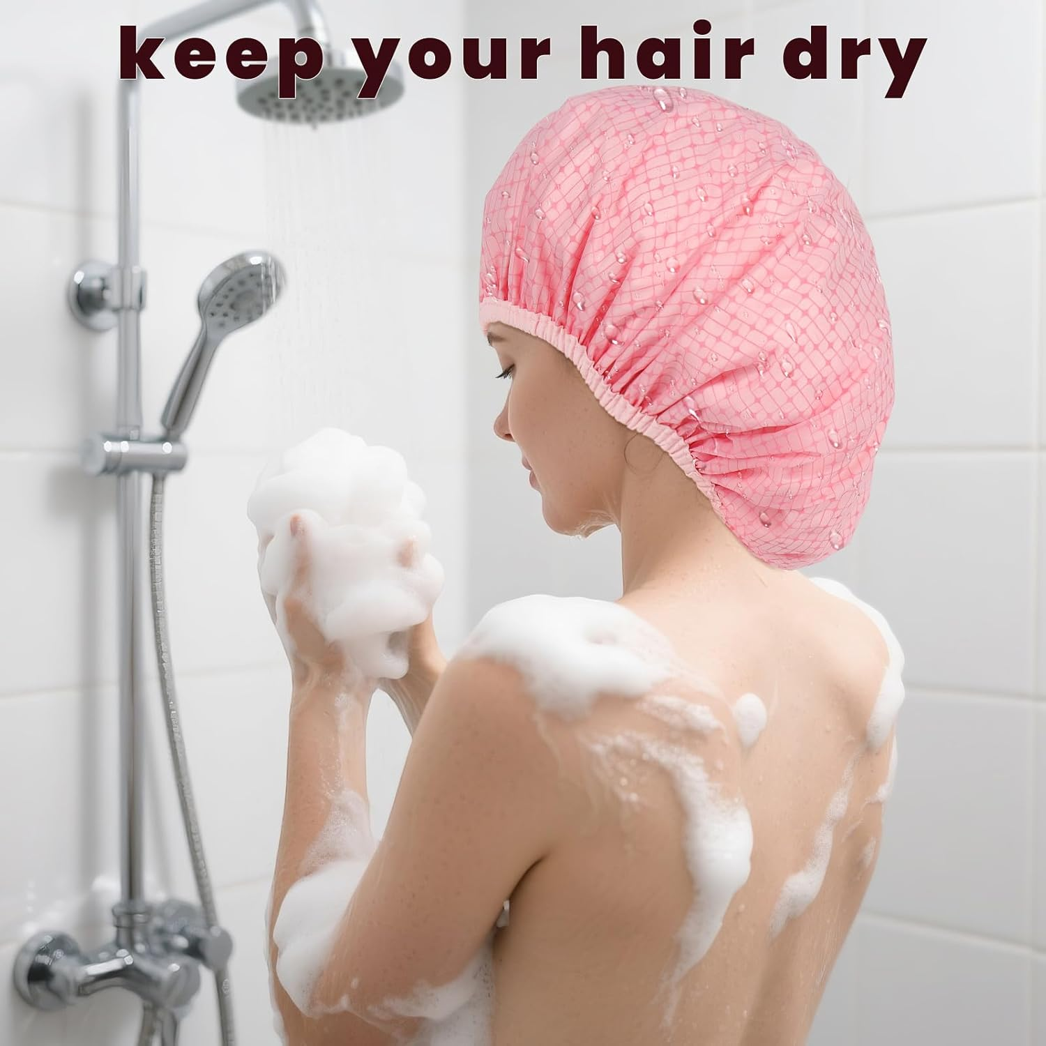 Pink Shower Cap,Hair Cap for Shower,Double Layered Waterproof Hair Caps,Satin Lined Bath Caps for Braids Long Hair image number 3