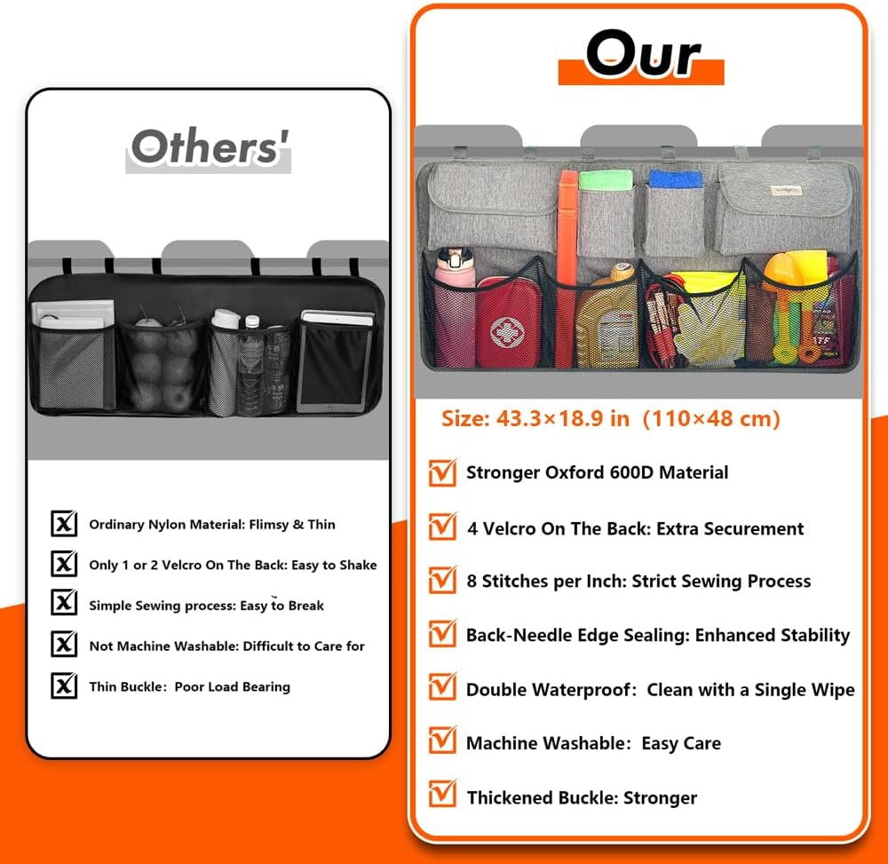 SURDOCA Car Trunk Organizer, 4Rd Gen [8 Times Upgrade] Super Capacity Car Hanging Organizer,Equipped with 4 Magic Stick,Car Trunk Tidy Storage Bag with Lids, Space Saving Expert (Xl-110X48Cm, Grey) image number 7