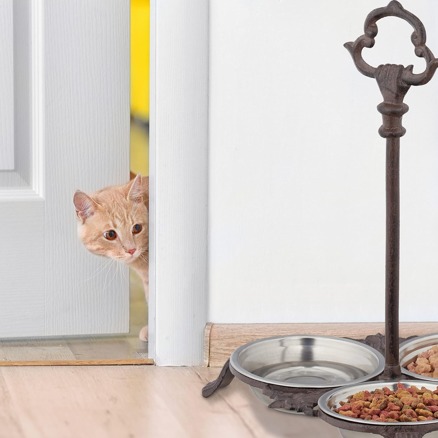 Relaxdays Cast Iron Feeding Station for Cats & Dogs, 3 Stainless Steel Bowls, Antique, Handle, Outdoor, Dark Brown, 37 X 31.5 X 30 Cm image number 3