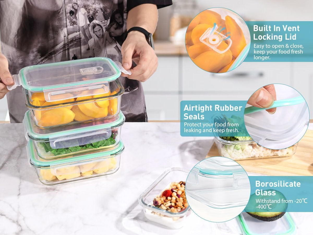 Feshory 5 Pack 1040ML Airtight Glass Food Storage Containers with Lids - Glass Meal Prep Food Containers, Lunch Box Safe for Microwave, Freezer, Dishwasher Kitchen Storage & Organisation image number 6