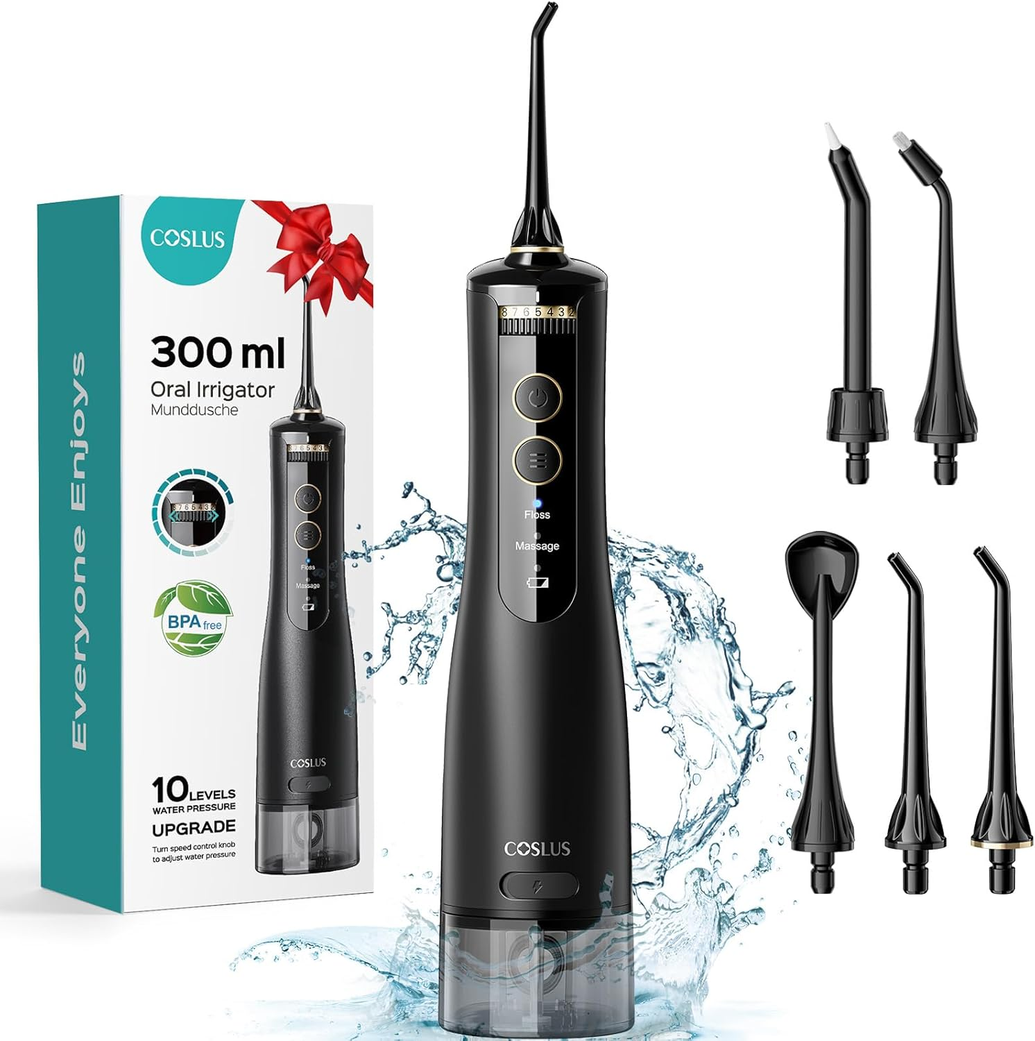 COSLUS Cordless Water Flosser for Teeth: 10 Pressure Settings Water Dental Pick for Orthodontic, Braces, Sensitive Gums, 5 Tips for Multiple Users, Rechargeable for Travel, Bpa-Free, White, E40(WFP14)