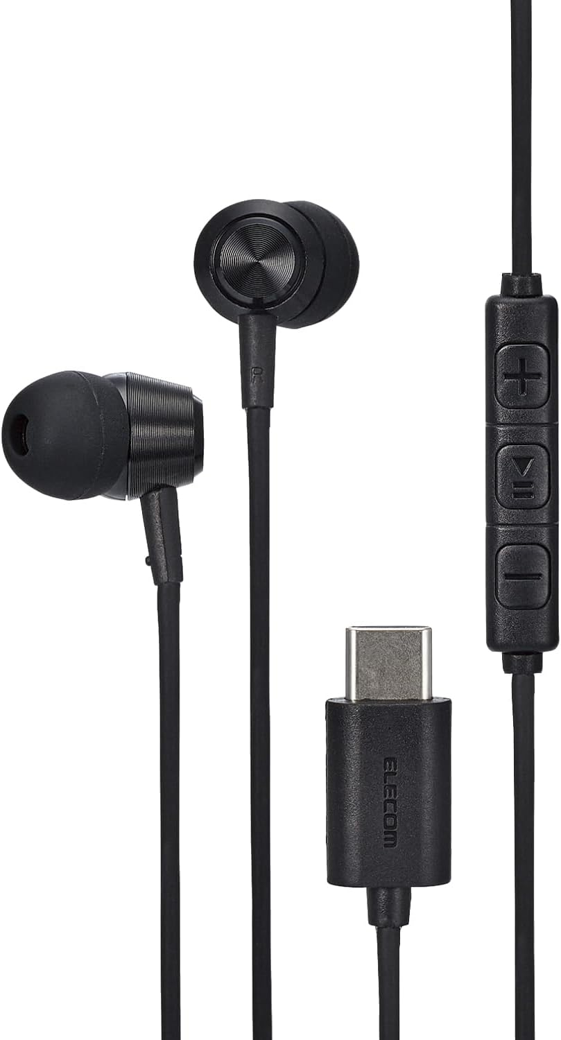Elecom EHP-DF11CMRD Type-C Earphones with Microphone, Compatible with Iphone 15 [Calls and Audio Adjustable], Enclosed Type, Wired, No Misalignment of Audio and Video, Remote Control, 4 Different