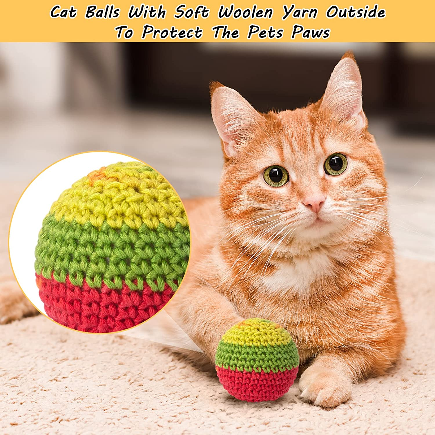 Retro Shaw Cat Toys Balls, Woolen Yarn Cat Ball Toy with Bell Inside, Cat Toys for Indoor Cats, Interactive Cat Chew Toys for Kitty Kitten, 6 Pack image number 3