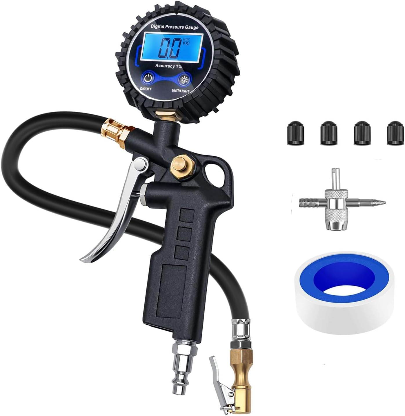 KEWAYO Digital Tyre Inflator with Pressure Gauge, 0.1 Display Resolution 200 PSI Air Chuck and Compressor Accessories Heavy Duty with Rubber Hose and Quick Connect Coupler, for Car Truck image number 6