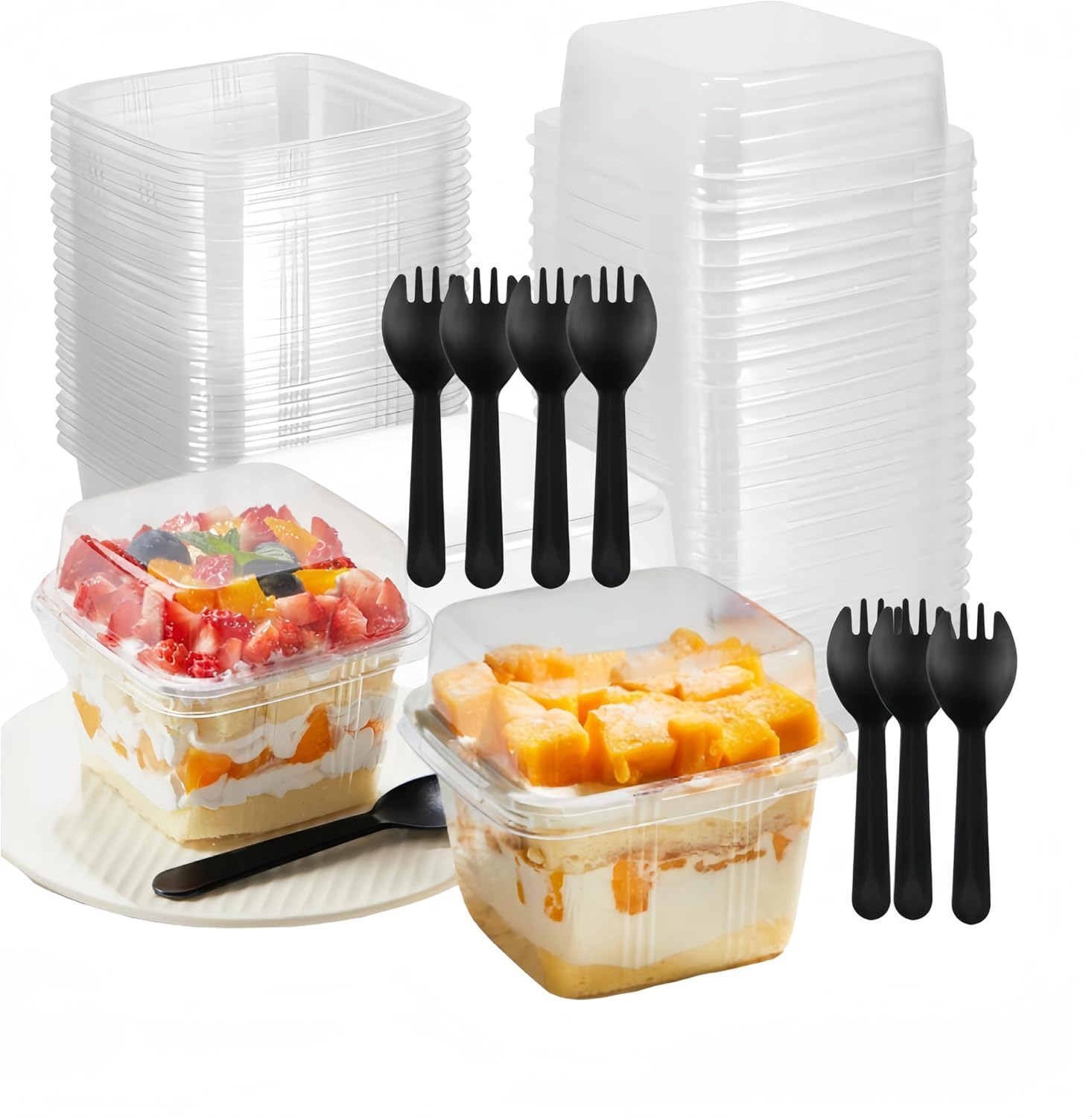 Square Clear Dessert Cups,8 Oz Dessert Cups with Lids and Sporks,Fruit Cups with Lid for Party,Yogurt Parfait Containers for Pudding, Yogurt Fruit, Mousse and Ice Cream(50Pcs) image number 3