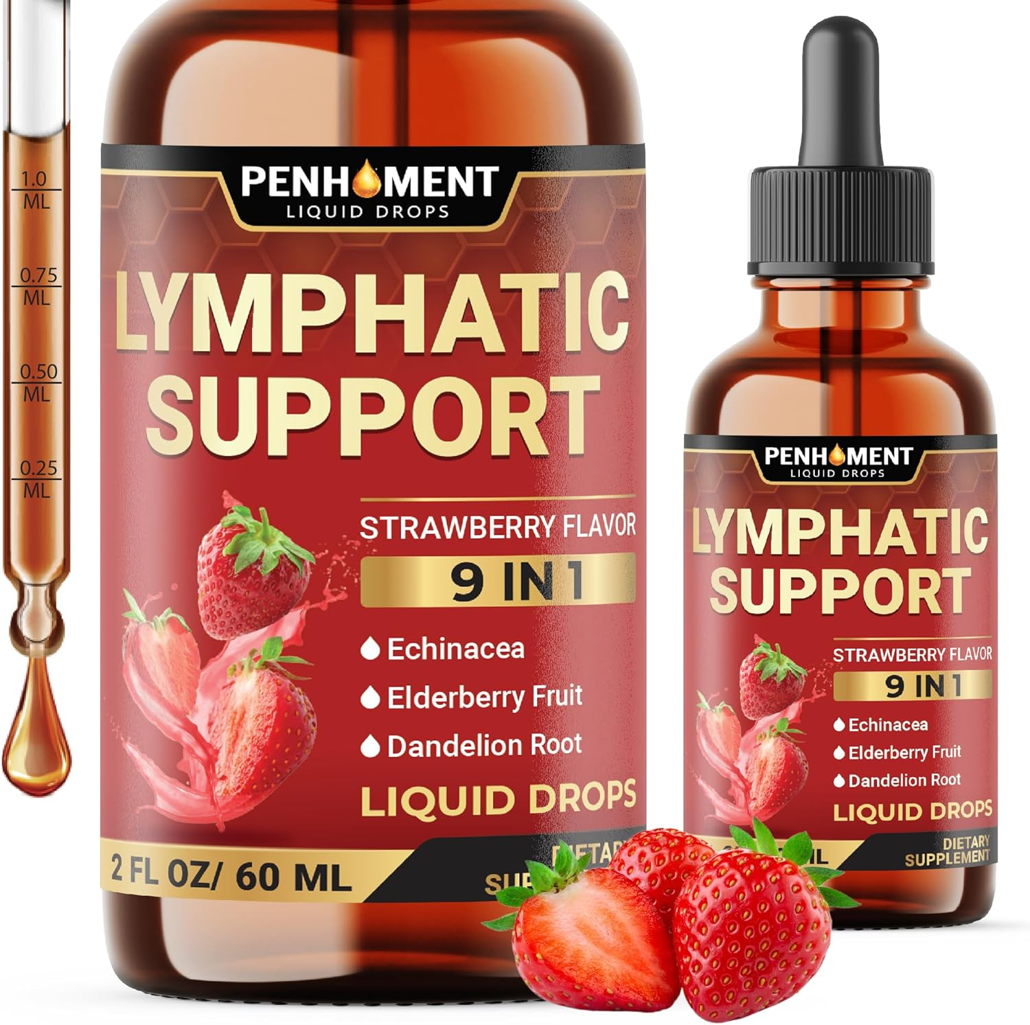 PENHOMENT 9In1 Lymphatic Drainage Drops Supplement - Echinacea | Elderberry | Dandelion | Rosehip | Cleavers | Calendula | Burdock - Lymph System Liquid Extract - Immune, Cleansing - 2 Fl Oz - 60 Days image number 1