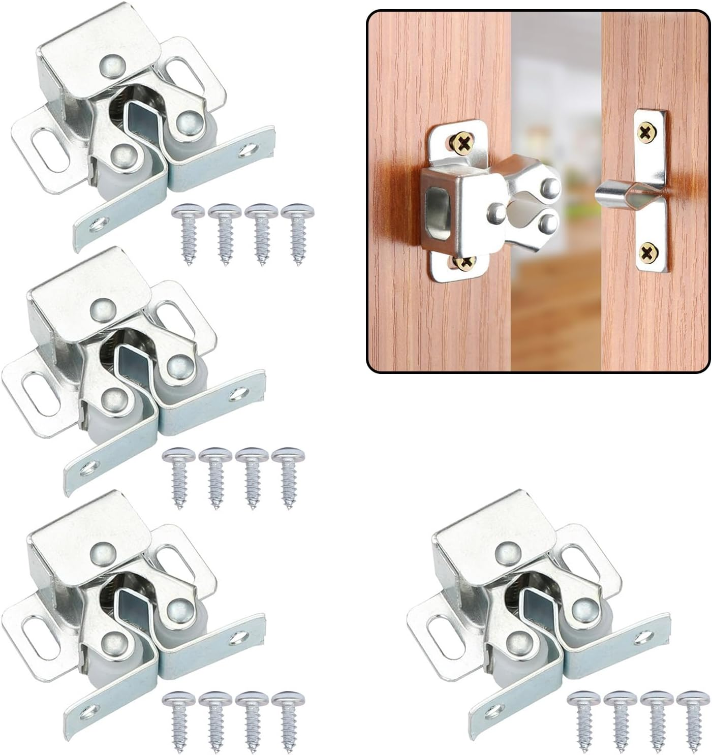 4 PCS Cabinet Latch Double Roller Catch Hardware for Cupboard Closet Kitchen Cabinet Door Latches and Catches,Closure Hardware for Cupboard and Closet Door Closing