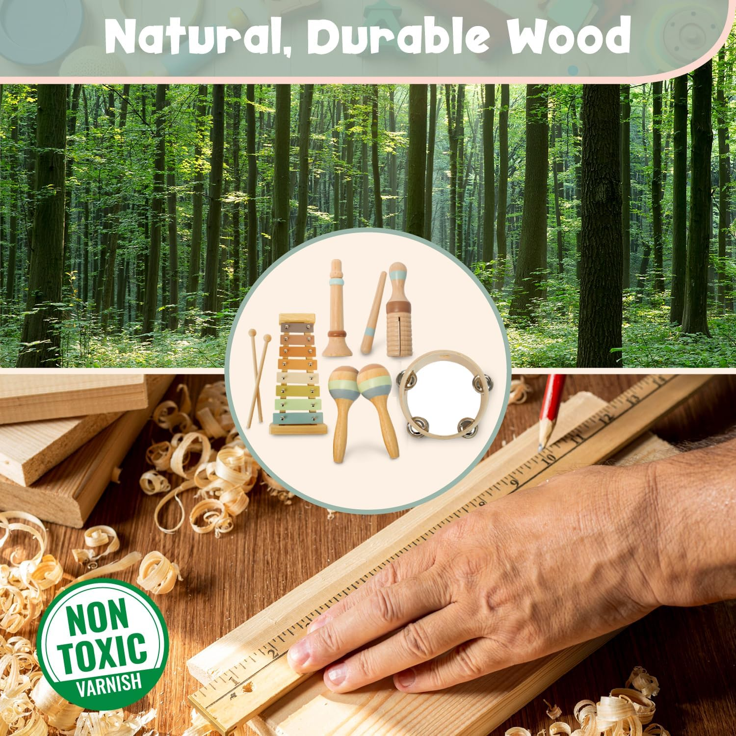 Stoie'S Wooden Kids Musical Instruments for Babies and Toddlers 1-9 Years Old, Montessori Educational Music Toy with Xylophone, Tambourine, Triangle, Maracas, Durable, Storage Bag, Unisex Boho Colors