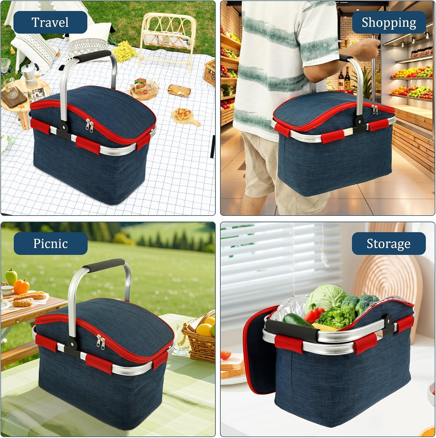 Shopping Basket, Insulation and Waterproof, Large Capacity Foldable Carry Baskets, Handle Crate Storage Basket Bin, for Hiking Camping Business Lunch Picnics Shopping image number 2