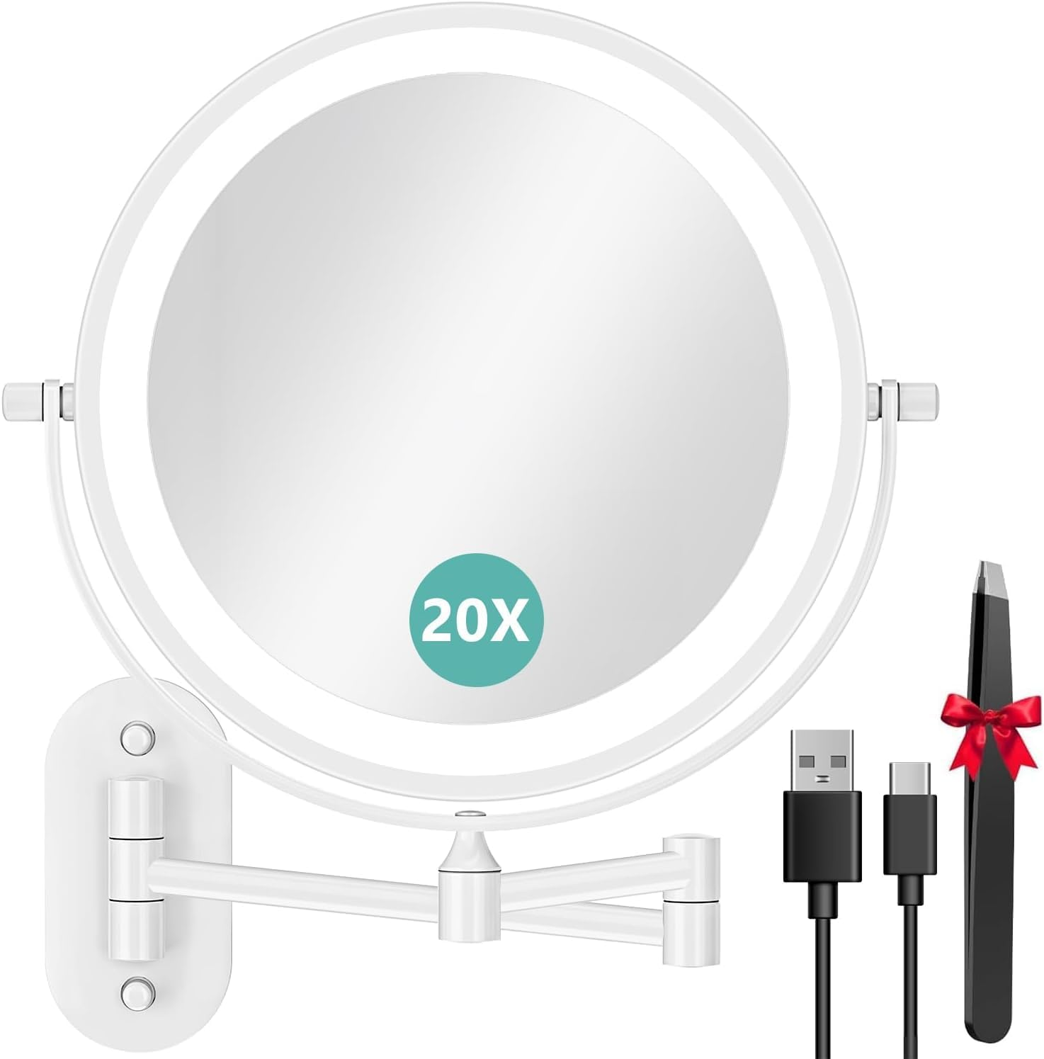 Auxmir 8'' Wall Mounted Lighted Makeup Mirror, 3200Mah Rechargeable Double-Sided 1X/20X Magnifying Mirror with Light, Touch Dimmable 3 Color Light, 360&deg; Rotation Foldable Extended Arm, Black