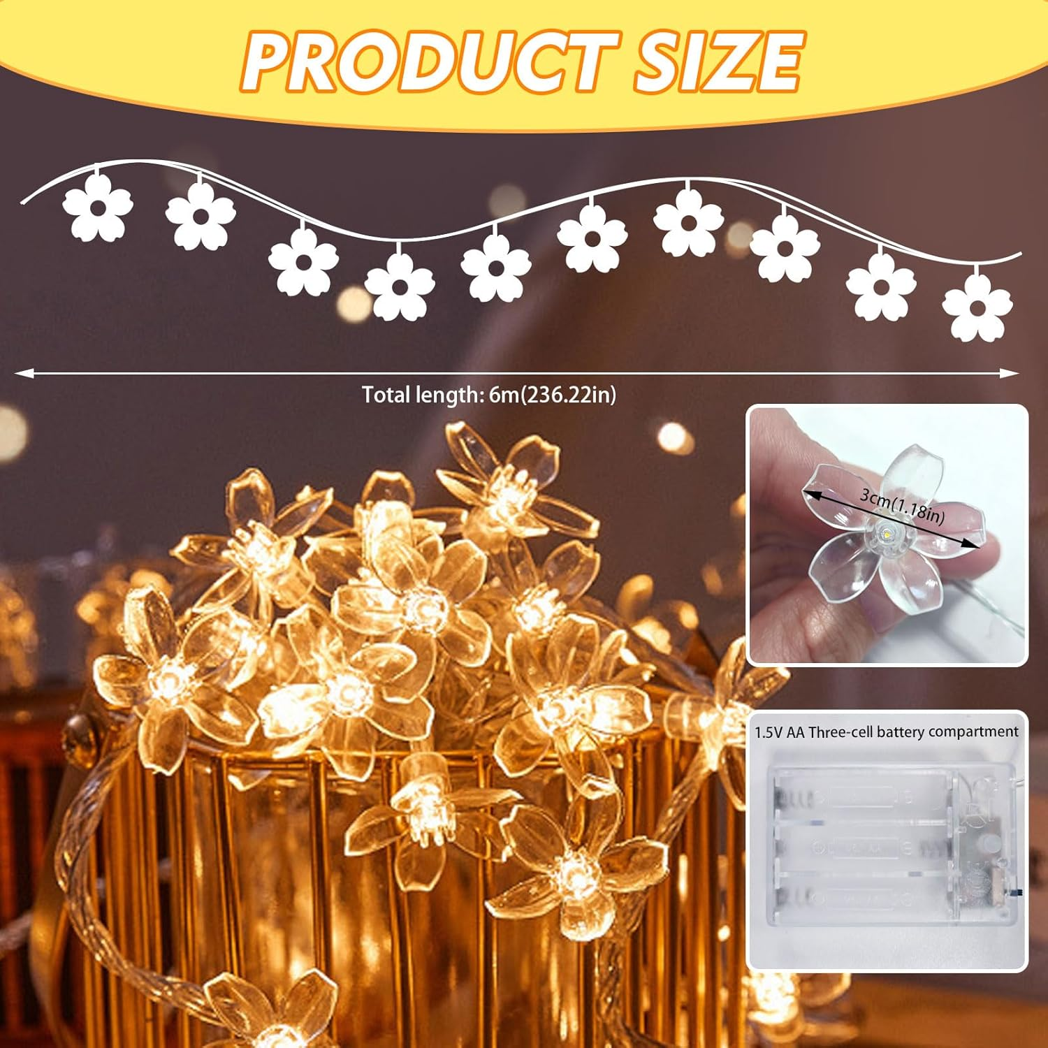 6M 40 LED Cherry Blossom Fairy Lights - Battery Operated Indoor String Lights, Waterproof Decoration for Camping, Garden, Birthday, Easter, Christmas, and Wedding Parties (Warm White) image number 5
