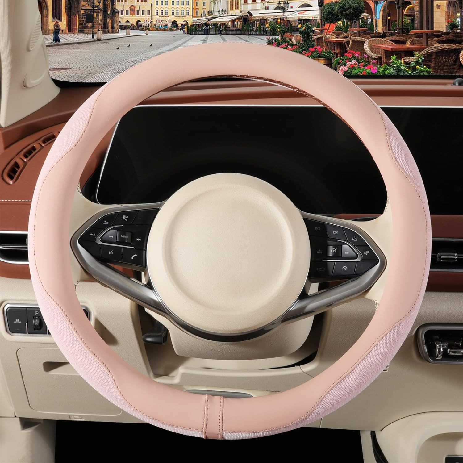 Binsheo Nappa Leather Pink Steering Wheel Cover, Advanced Microfiber Leather Non-Slip Breathable Fabric, Warm in Winter and Cool in Summer, Universal 15 Inch image number 1