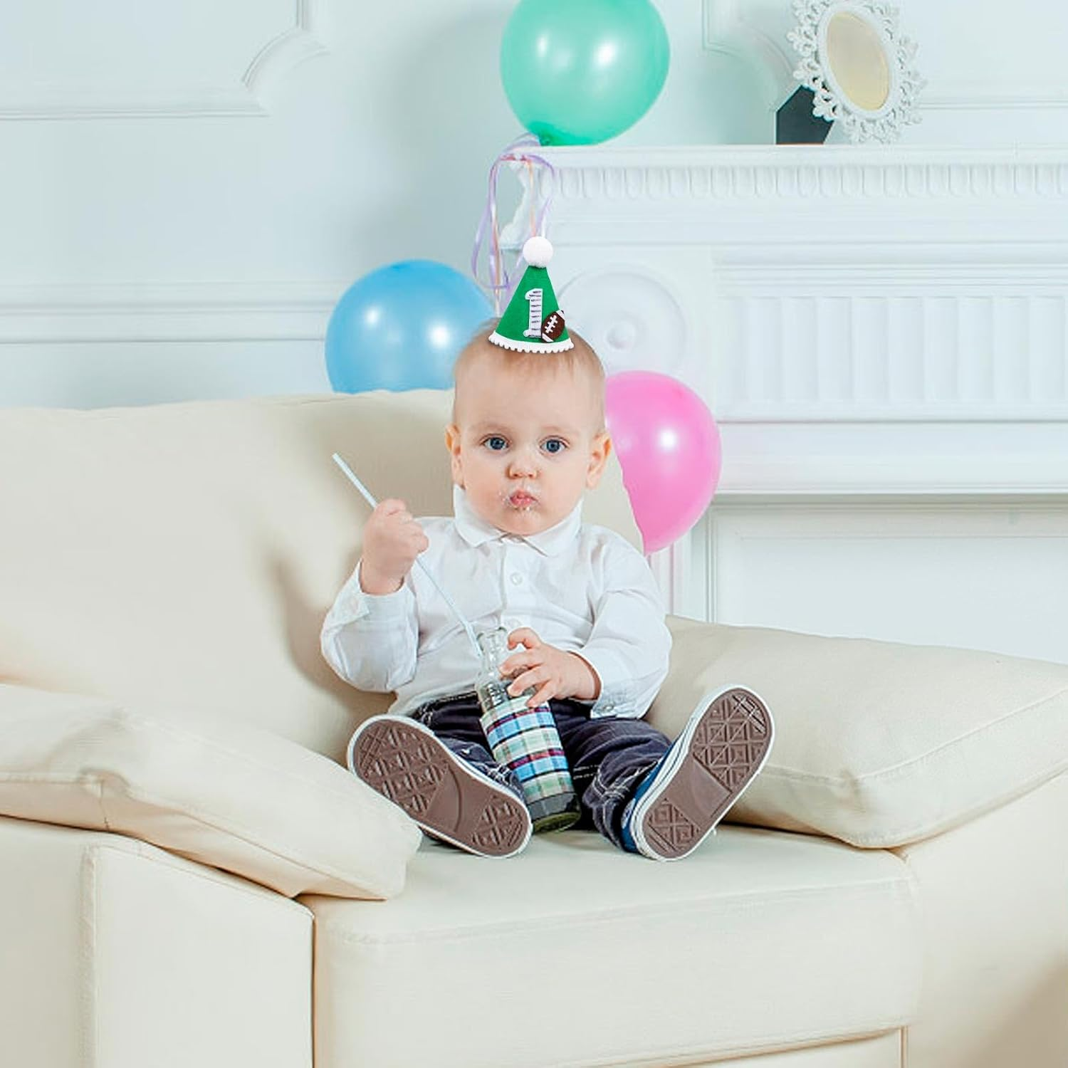Gosknor Football 1St Birthday Hat, First Year down Birthday Party Decorations Rugby 1St Birthday Hat with Elastic Tape Perfect 1St Birthday Photo Props Sports Themed Decoration Supplies image number 3