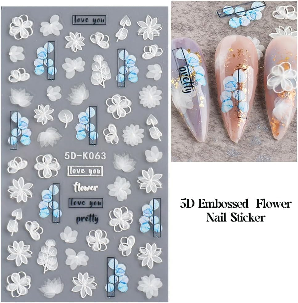 White Flower Nail Art Sticker Decals 5D Self-Adhesive Luxurious Nail Art Decoration Exquisite Pattern Nail Art Supplies White Feather Lace Flower Leaf Carving Design DIY Acrylic Nail Art, 3 Sheet image number 1