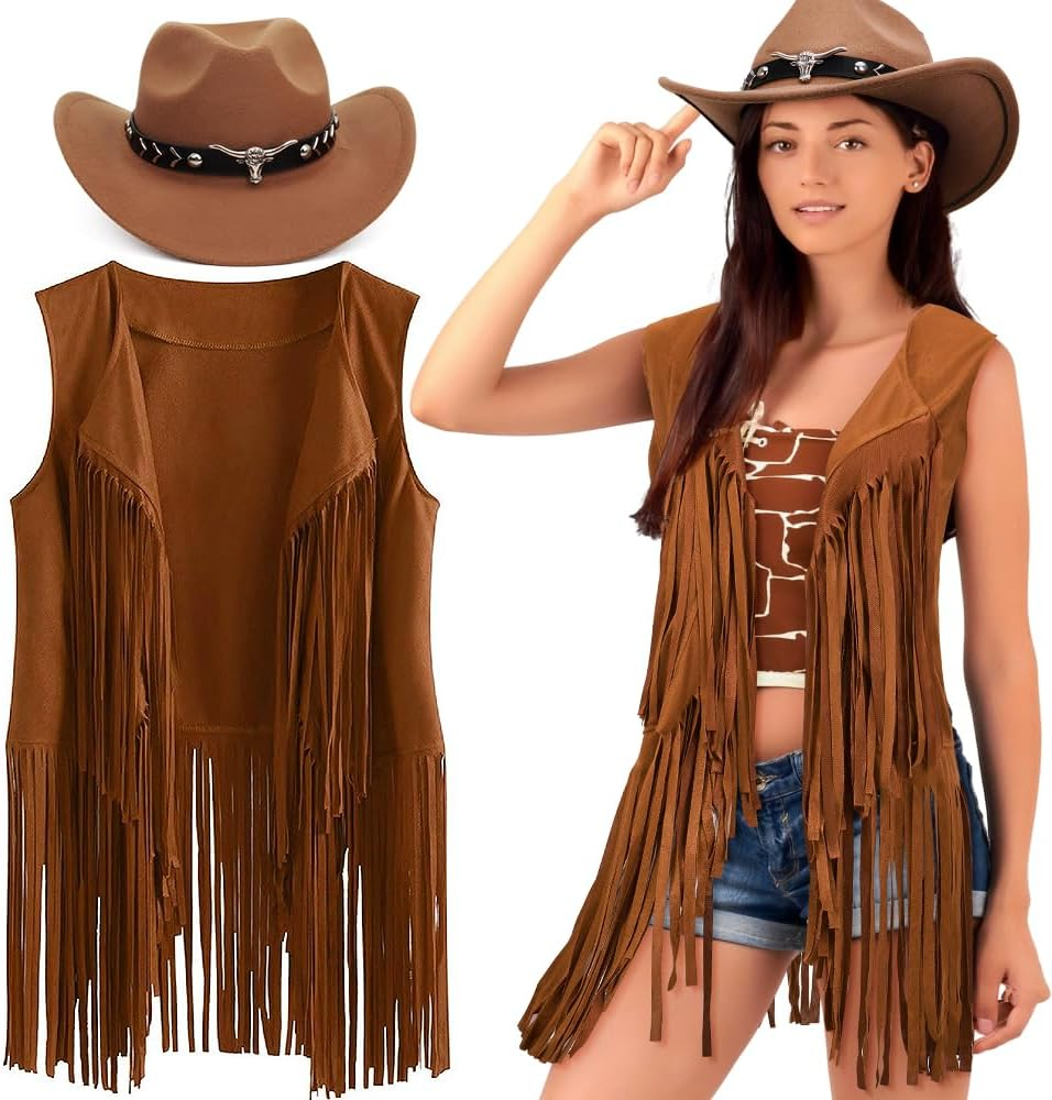 Slowton Western Outfits for Women - Cowgirl Outfit Costume Accessories with Fringe Vest Disco Cowboy Hat, Hippie Costume Outerwear for Halloween Cosplay Party 70S Retro Themed Party image number 6