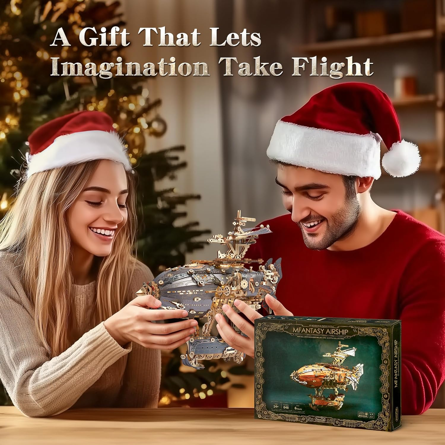 LED 3D Wood Puzzle Fantasy Airship Model - Steampunk DIY Craft Kit with LED Lights &ndash; Intricate Wooden Airship Model Building Set for Teens and Adults (Gray)