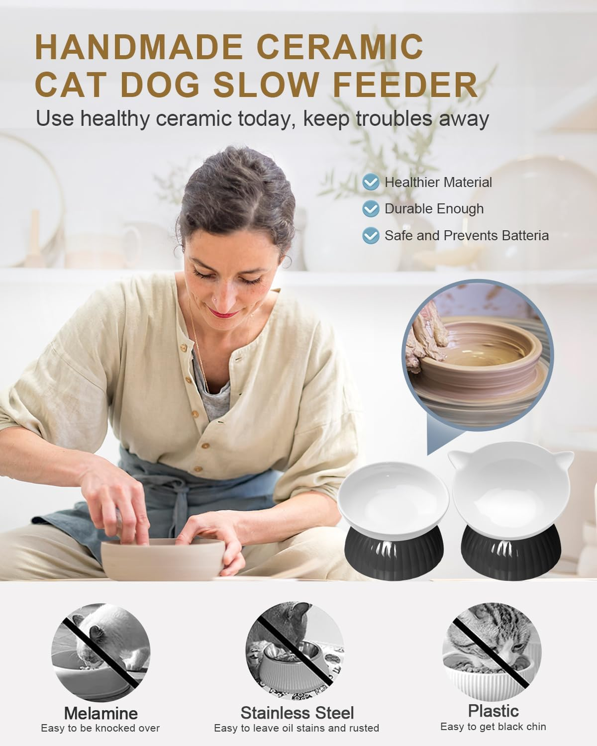 2 Ceramic Raised Cat Food and Water Bowls, Elevated Pet Bowl Set for Indoor Cats and Small Dogs, Anti-Vomiting Feeder with Plastic Base, Dishwasher Safe, Black - Black image number 2