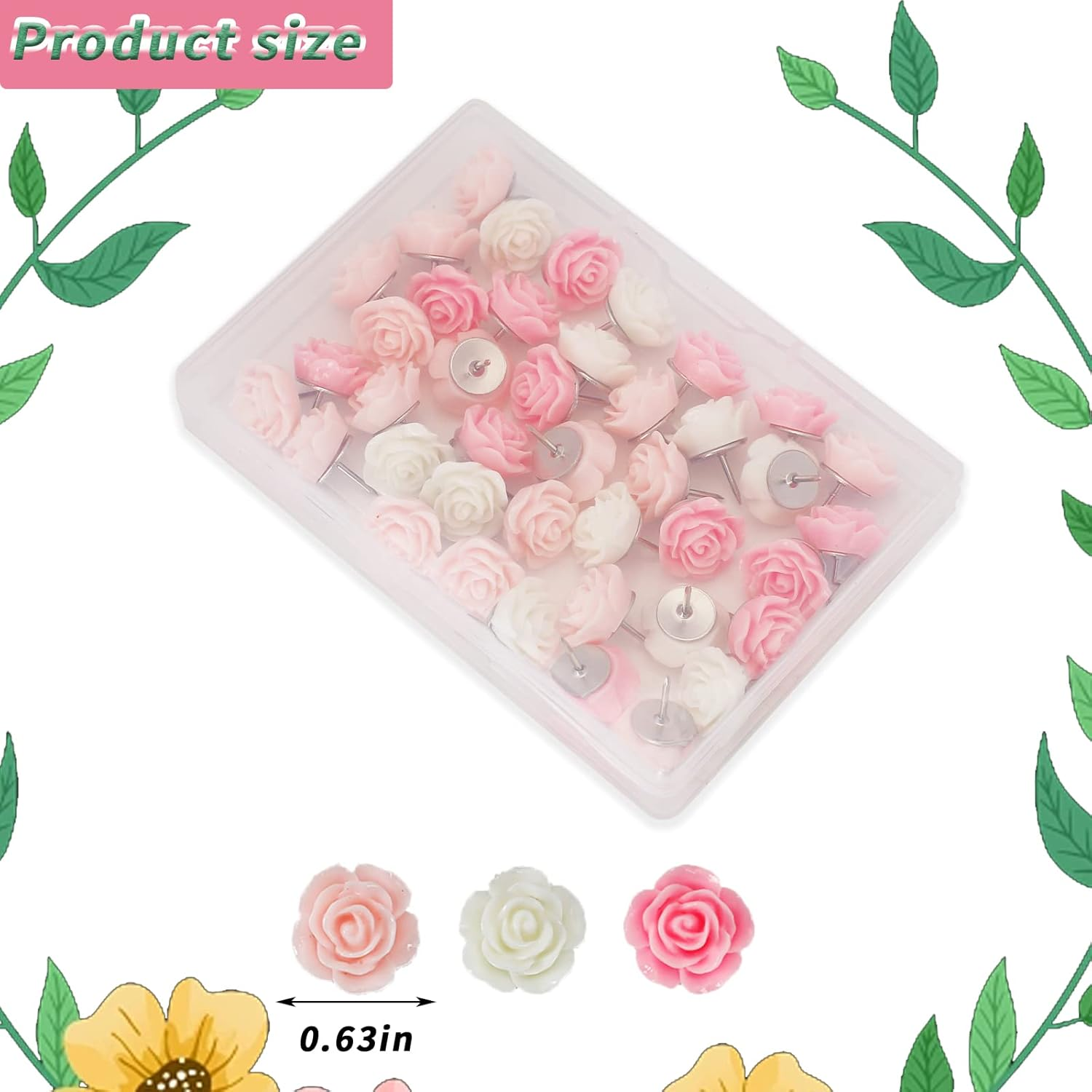 40Pcs Rose Theme Push Pins Rose Thumb Tacks Decorative Flower Cork Board Tacks for Bulletin Board, Photos Wall Maps and Other Offices Schools Supplies and Accessories, Resin&hellip; - Green,Transparent,Yellow image number 7