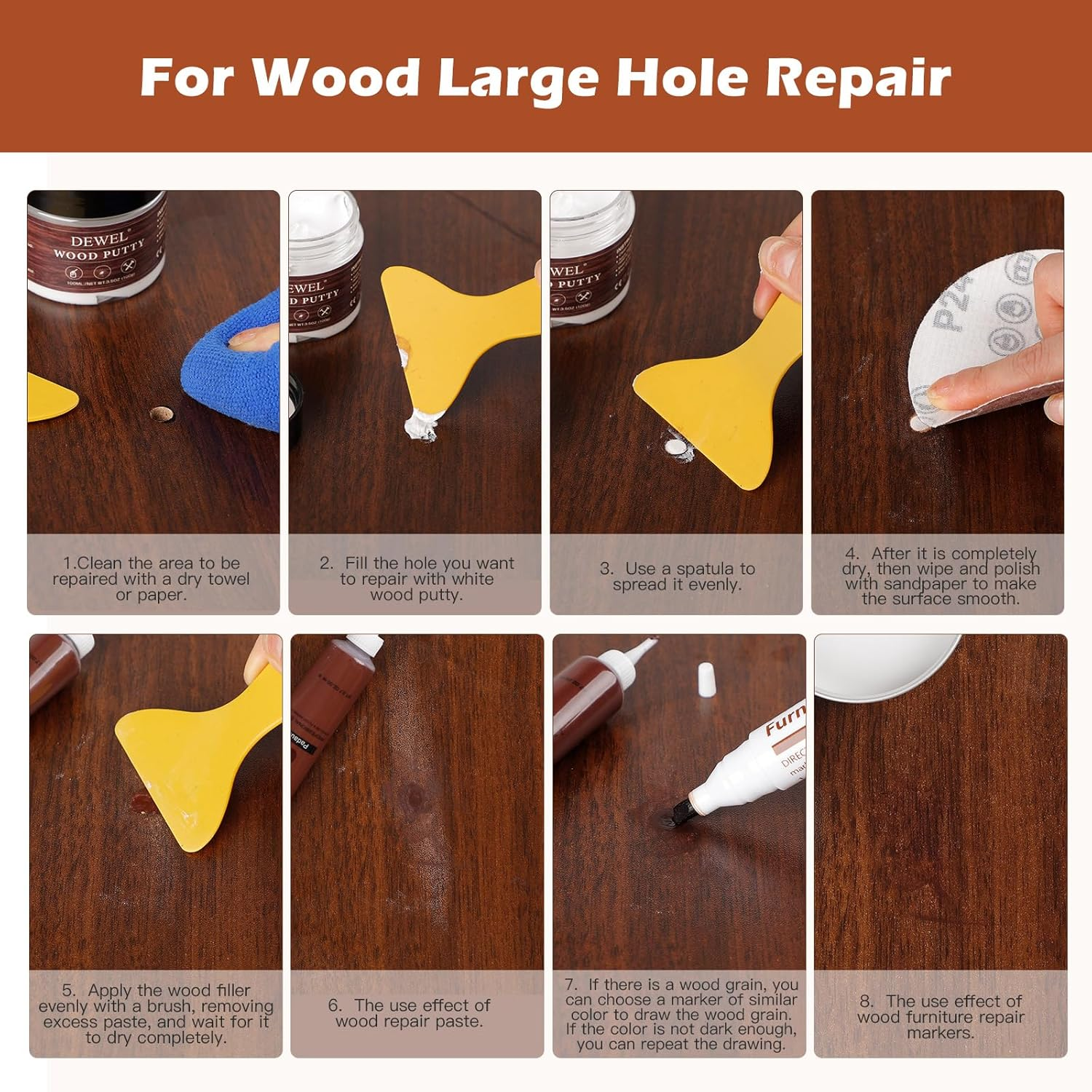 DEWEL Wood Furniture Repair Kit- 34 Sets, Wood Filler Sticks*12, Touch up Markers*12 with Wood Putty*1 for Repair and Cover Ups Scratch, Cracks, Hole, Discoloration for Door, Floor, Table image number 2