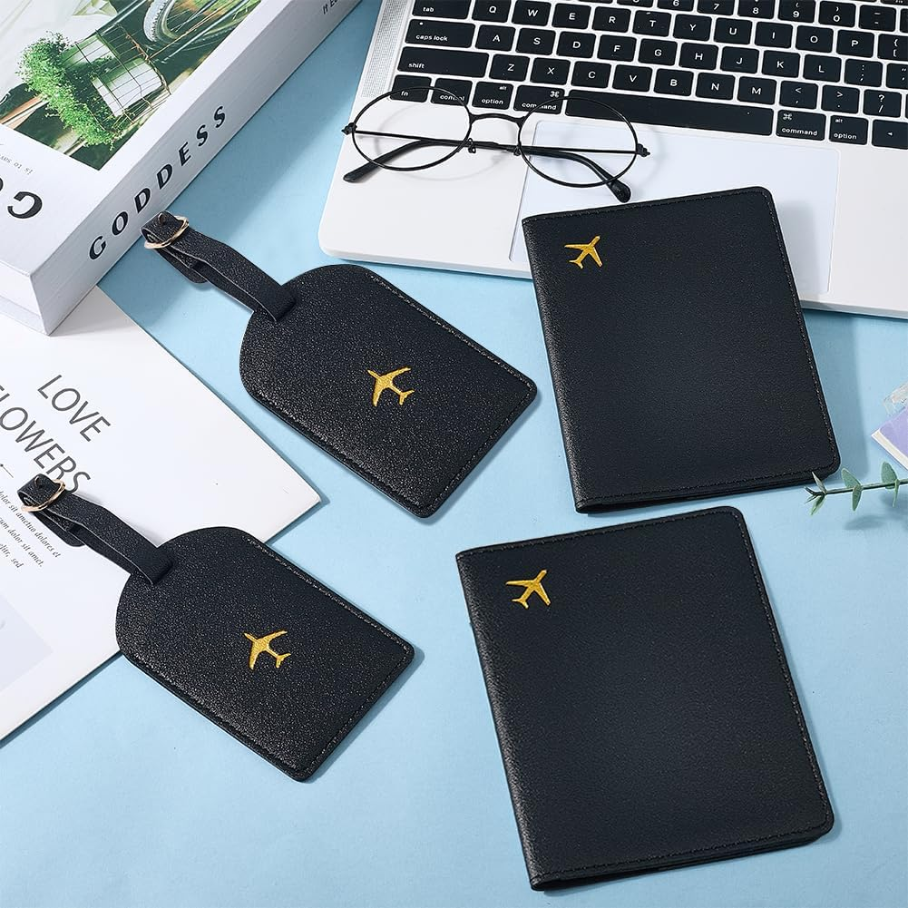 CALFOVERA 2 Sets Metallic Airplane Pattern Luggage Tag Mr and Mrs Honeymoon Passport Wallets Travel Holder PU Leather Black Couple Passport Cover Blocking Card Slots Rfid Case Suitcase for Women Men image number 6