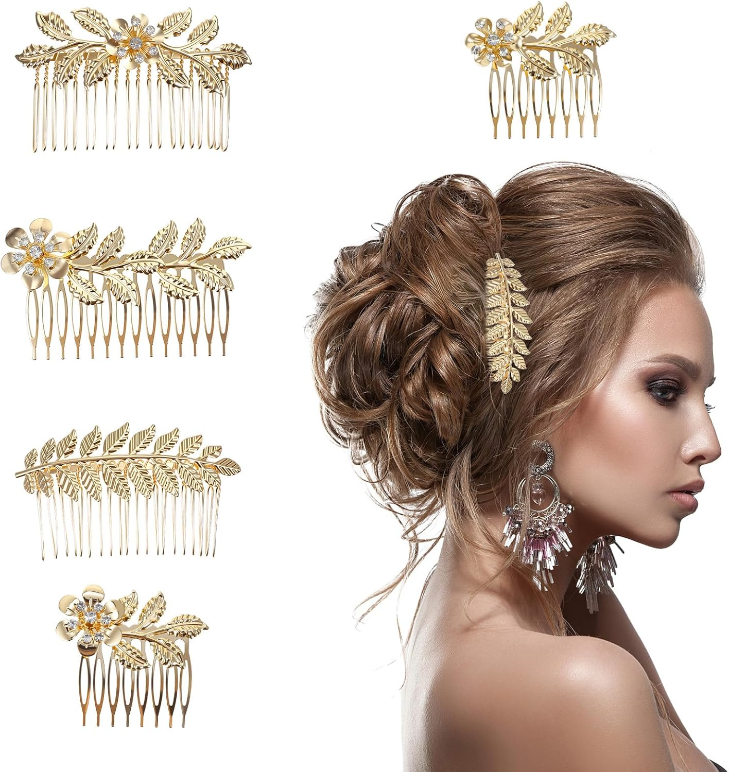 Pack of 5 Hair Accessories Wedding Crystal Flowers Hair Clips Retro Gold Pin Combs Bridal Rhinestone Hair Comb for Clip Bridal Hairpiece Golden Hair Combs for Women Bridesmaid image number 3