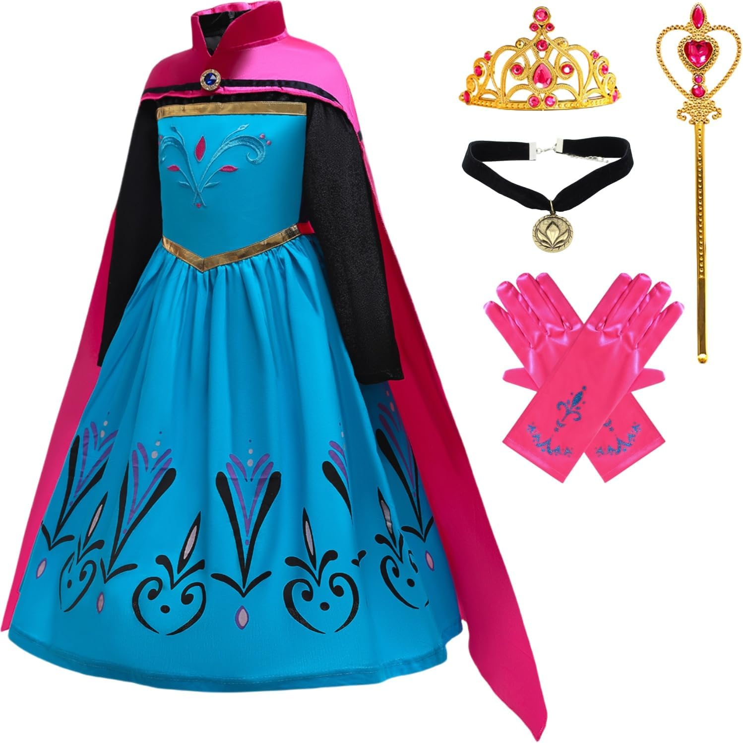 Princess Dress up Girls Halloween Cosplay Costume Anna Dress Long Sleeve with Cape