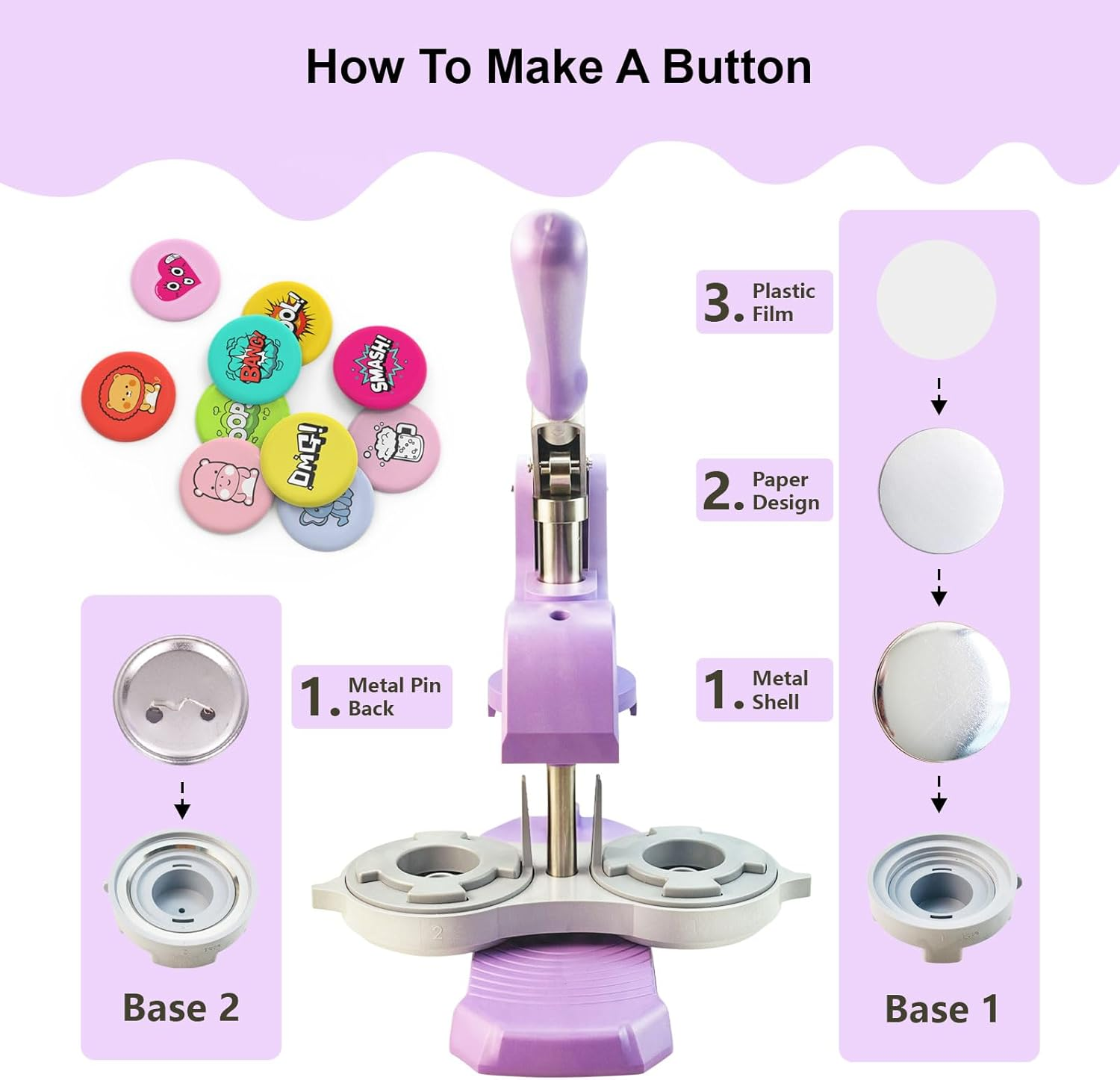 Button Maker Machine Multiple Sizes, 25+32+58Mm Installation-Free Pin Maker Machine, Ideal Badge Maker for Kids DIY with Free 300 Sets Button Making Supplies Badge Making Machine(Purple)