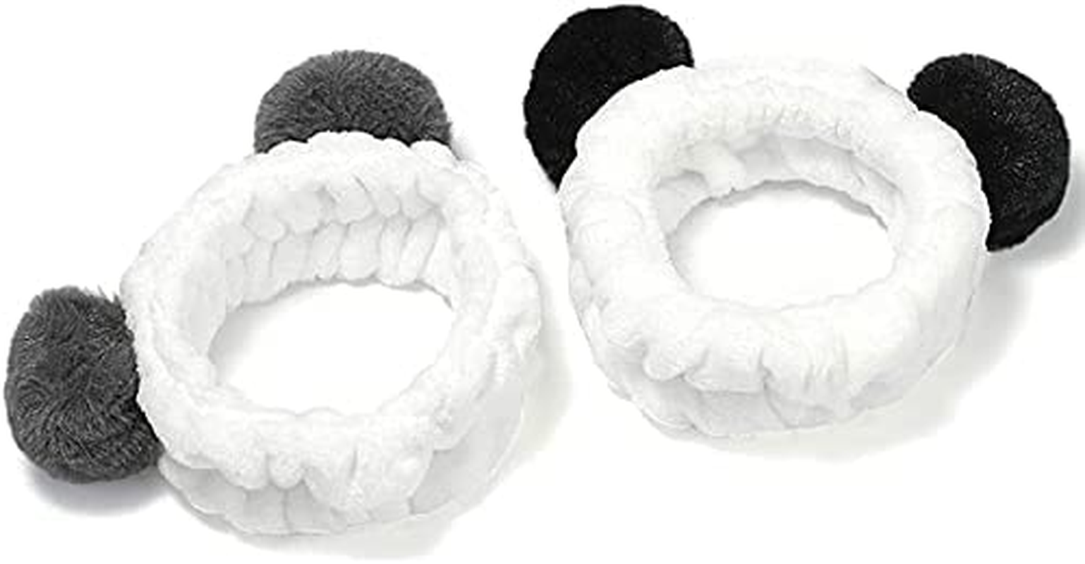 2Pcs Cute Panda Ear Headband Soft Elastic Coral Fleece Hair Band with Pompons for Ladies Fashion(Black Ear and Grey Ear) image number 1