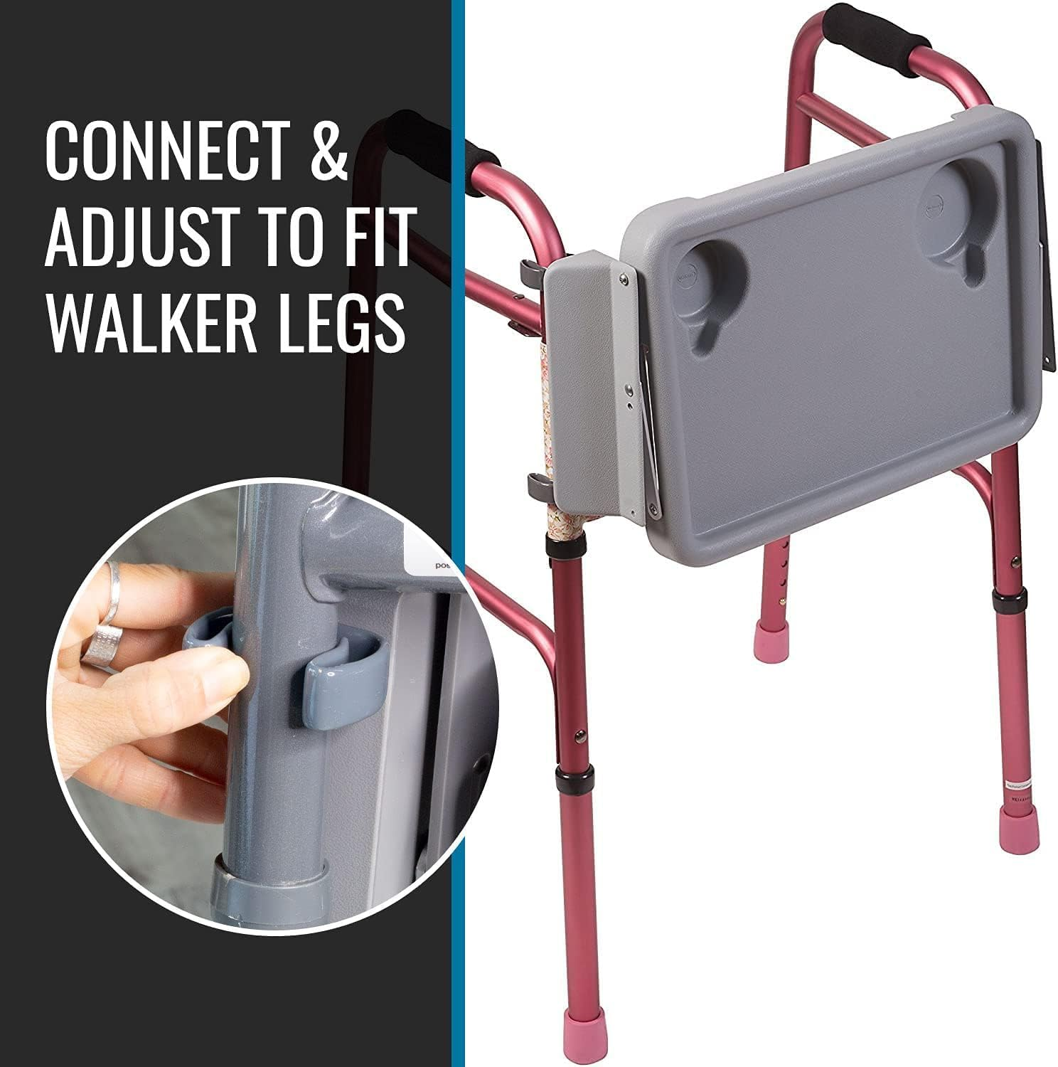 Walker Tray, Rollator Tray, Mobility and Walker Accessory Tray Table Fits Most Standard Walkers, Folding with Two Cup Holders and Tool Free Assembly, 16 X 11.8 (Grey) image number 3