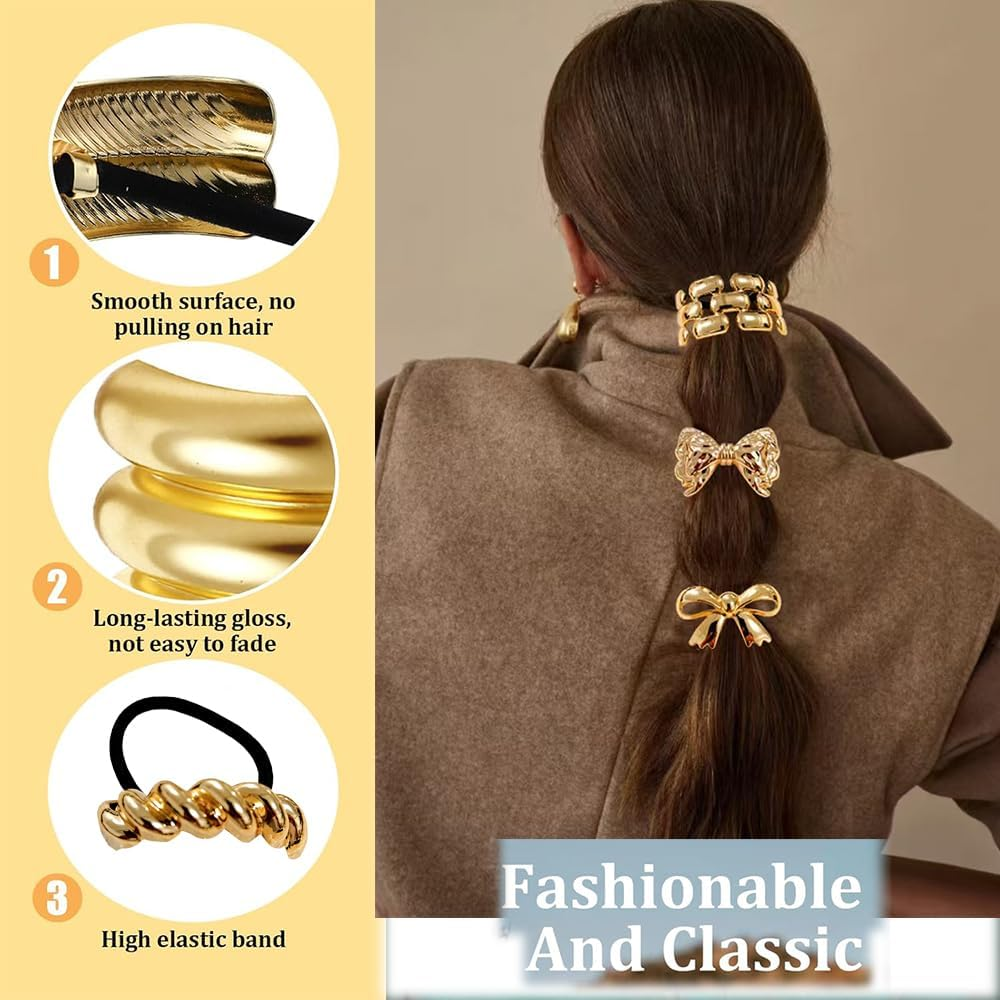 Hair Cuffs for Ponytail, Metal Hair Cuff, Hair Scrunchie, Gold, Hair Cuffs for Ponytails, Punk Hair Holder, Gold Ponytail Cuff for Fine Hair, Pack of 4 image number 4