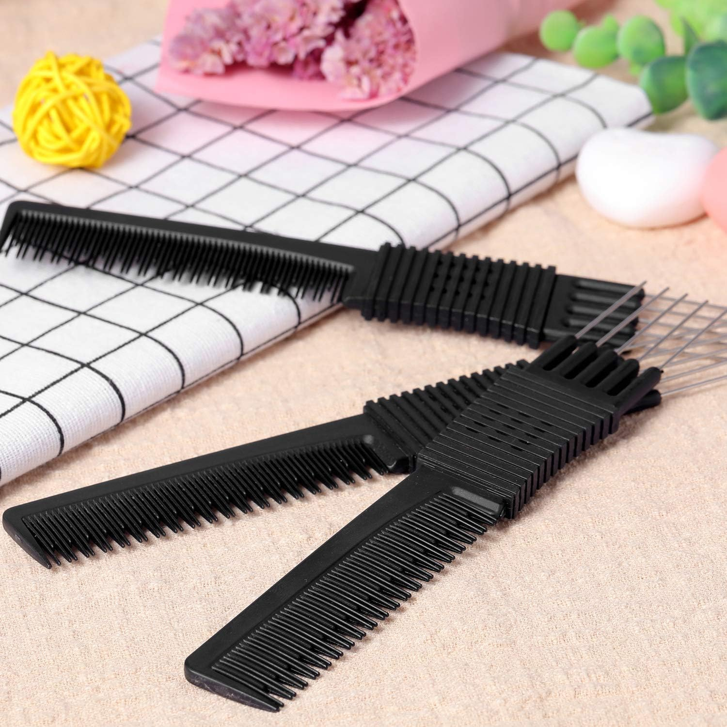 2 Pack Black Carbon Lift Teasing Combs with Metal Prong,Black Carbon Comb with Stainless Steel Lift for Hair Salon or Home Supplies (Style C) image number 2