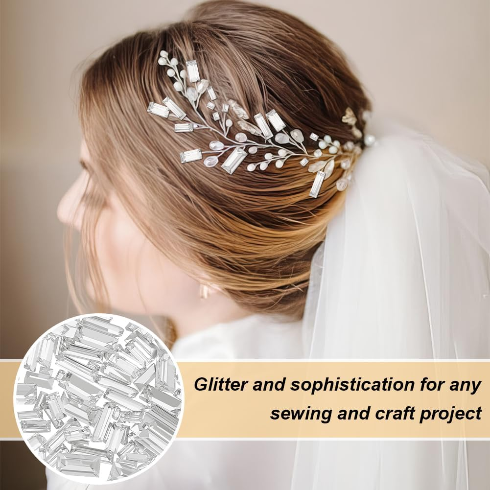 FINGERINSPIRE 180Pcs Mini Clear Pointed Back Rhinestone 6 Sizes Rectangle Faceted Glass Rhinestone Clear No Hole Glass Rhinestone Gems Crystal Jewelry Embellishments with Silver Plated Back for DIY