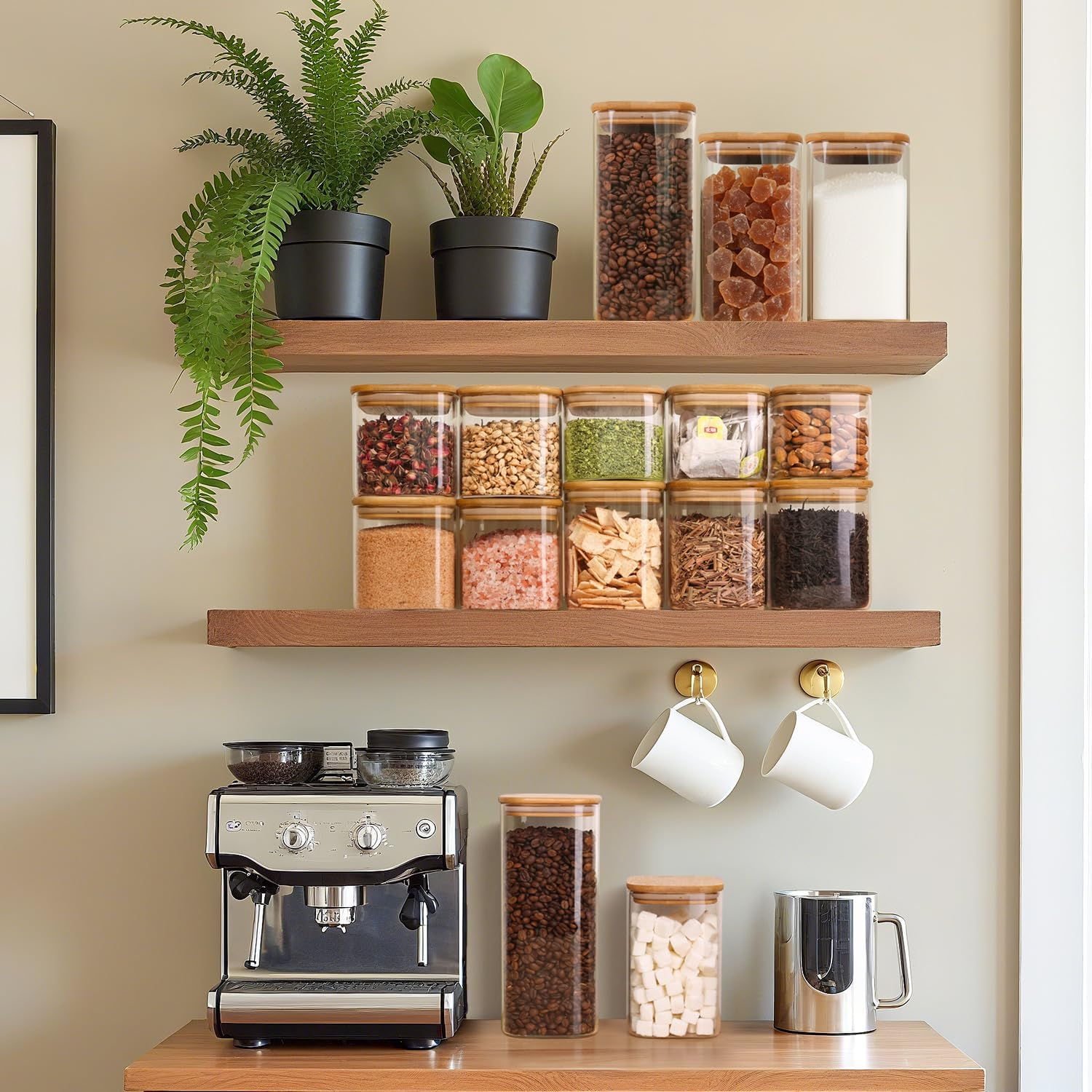 Comsaf Glass Storage Containers with Lids, 1.3L Glass Jars with Bamboo Lids, Clear Food Storage Jar, Square Glass Canister Set of 3, Pantry Organizers Storage for Cereals Pasta Tea Coffee Bean image number 1