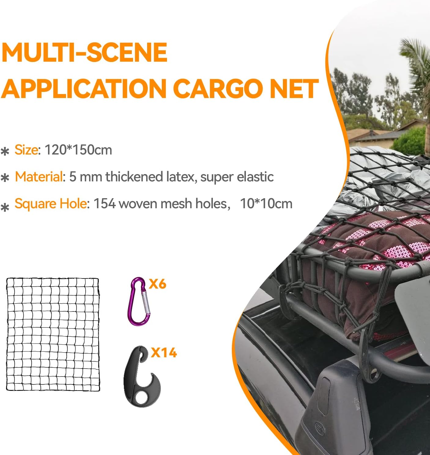120 * 150Cm Cargo Net for Pickup Truck Bed, New Upgraded 14 Thickened ABS Hooks, Large Adjustable Elastic Heavy Duty Latex Net Stretches to 300 * 380Cm
