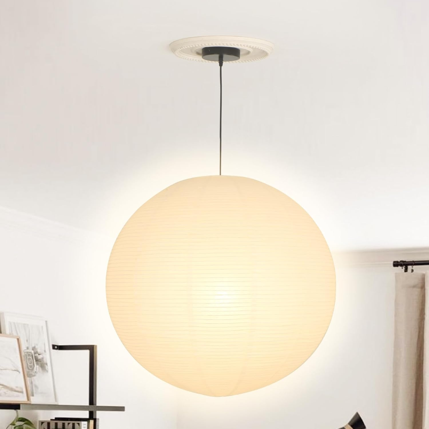 White round Paper Lantern Lampshade, 22"X22'' Large Paper Lanterns Pendant Light Shade, Chinese Foldable Design for Living Room, Bedroom, Ceiling Lampshade Party Decor image number 1