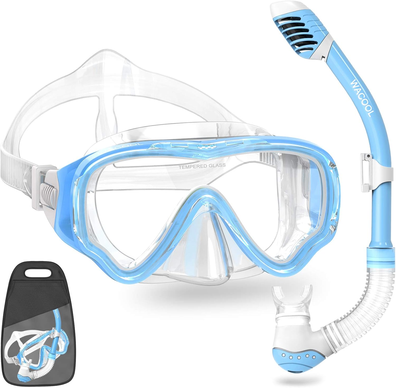 WACOOL Snorkeling Snorkel Package Set for Kids Youth Junior, Anti-Fog Coated Glass Diving Mask, Snorkel with Silicon Mouth Piece,Purge Valve and Anti-Splash Guard. image number 6