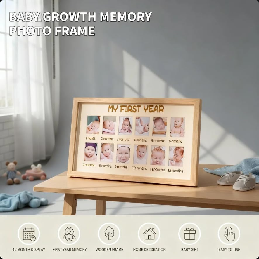 My First Year Photo Frame,12 Months Baby Picture Frame, Monthly Baby'S One Year Birthday Milestone for Baby Shower, New Mom Gift and Nursery Decor 37 &times;22&times;3Cm image number 1